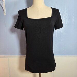 MANGOPOP Women’s Medium Square Neck Black Stretchy Short Sleeve Basic T-Shirt